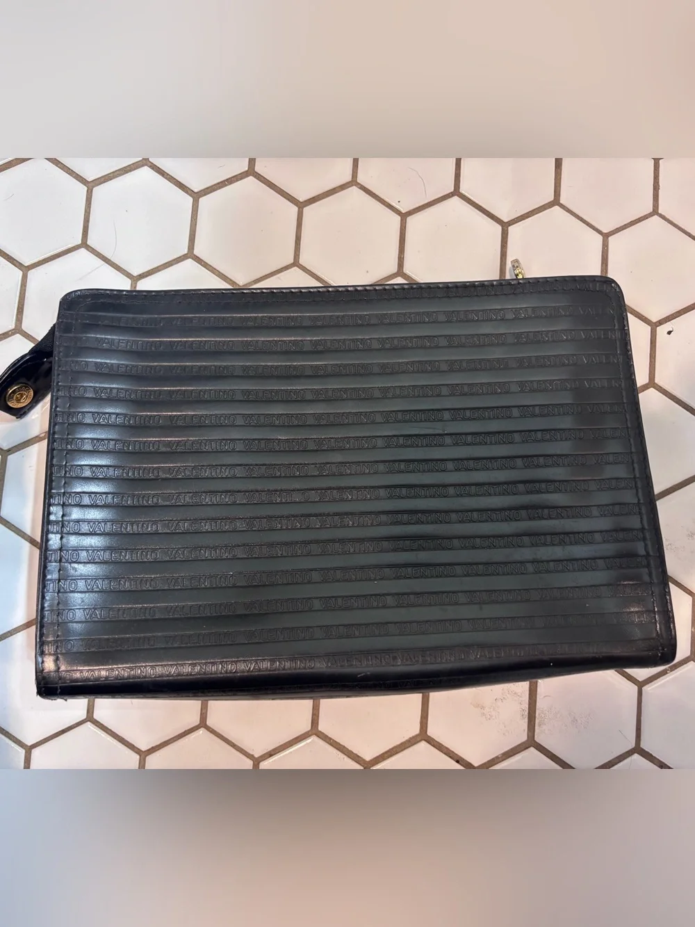 Vintage Mario Valentino Black Leather Embossed V Logo Cosmetic Bag
